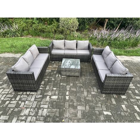 Fimous 9 Seater Rattan Garden Furniture Set Patio Outdoor Lounge Sofa Set with Square Coffee Table Dark Grey Mixed (1/5)