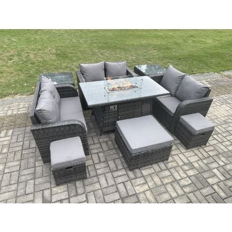 Fimous Outdoor Rattan Furniture Garden Dining Set Gas Fire Pit Table ...