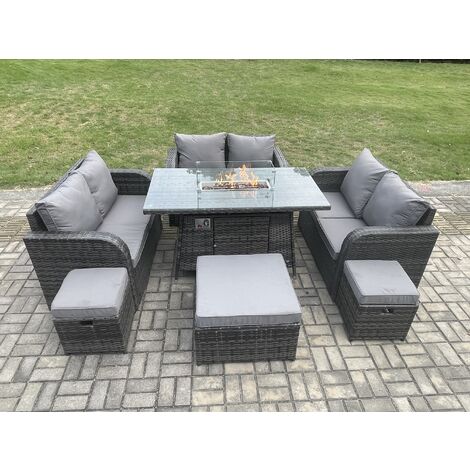 Fimous 9 Seater Outdoor Rattan Furniture Garden Dining Set Gas Fire Pit ...