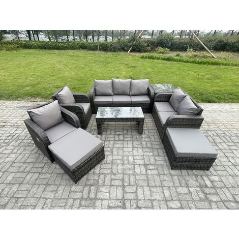 Fimous 9 Seater Outdoor Rattan Garden Furniture Set Rattan Lounge Sofa Set with Rectangular Coffee Table Side Table 2 Big Footstool Dark Grey Mixed
