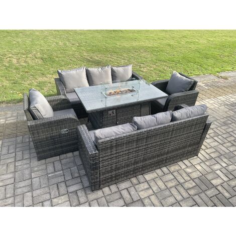 Fimous Rattan Outdoor Garden Furniture Sofa Set Gas Fire Pit Dining Table Gas Heater with 3 Seater Sofa Recling Chair 8 Seater Dark Grey Mixed (1/5)