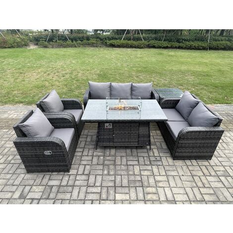 Fimous PE Wicker Outdoor Rattan Garden Furniture Set Propane Gas Fire Pit Table and Sofa Chair set with Side Table 7 Seater (1/5)