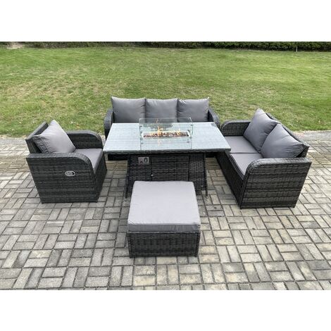 Fimous Rattan Garden Furniture Set with Fire Pit Table 7 Seater Outdoor Lounge Sofa Set Dark Grey Mixed (1/5)