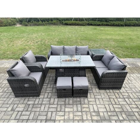 Fimous 9 Seater PE Wicker Outdoor Rattan Garden Furniture Set Propane Gas Fire Pit Table and Sofa Chair set with Side Table 2 Small Footstools (1/5)