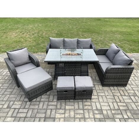 Fimous Rattan Garden Furniture Set with Fire Pit Table 9 Seater Outdoor Lounge Sofa Set Dark Grey Mixed (1/5)