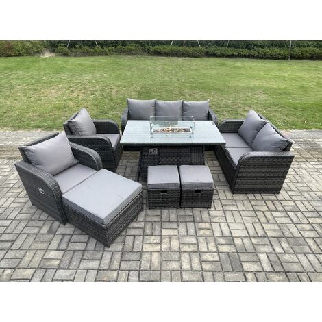 Fimous 10 Seater PE Wicker Outdoor Rattan Garden Furniture Set Propane Gas Fire Pit Table and Sofa Chair set with 3 Footstools (1/5)