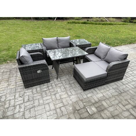 Fimous 7 Pieces Outdoor Garden Dining Sets Rattan Furniture With Dining Table Armchairs Love Sofa 2 Side Tables Big Footstool Dark Grey Mixed (1/5)
