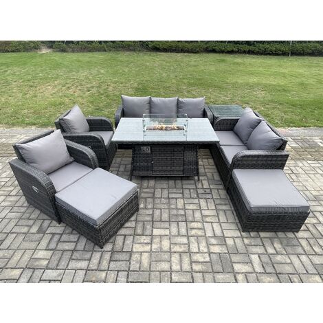 Fimous 9 Seater PE Wicker Outdoor Rattan Garden Furniture Set Propane Gas Fire Pit Table and Sofa Chair set with Side Table 2 Big Footstool (1/5)