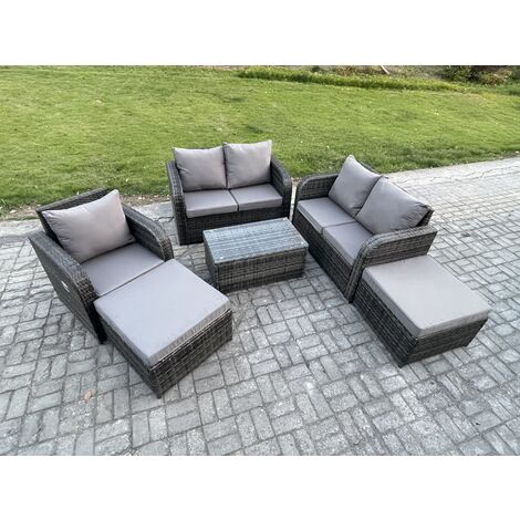 Fimous 7 Seater Garden Furniture Set Rattan Outdoor Lounge Sofa Chair With Tempered Glass Table 2 Big Footstool Dark Grey Mixed (1/5)