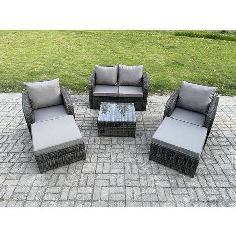Fimous 6 Seater High Back Rattan Garden Furniture Set with Square Coffee Table 2 Big Footstool Love Sofa Reclining Chair Indoor Outdoor Patio Lounge Sofa Set Dark Grey Mixed (1/5)
