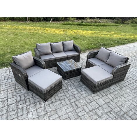 Fimous 8 Seater High Back Rattan Garden Furniture Set with Square Coffee Table 2 Big Footstool Indoor Outdoor Patio Lounge Sofa Set Dark Grey Mixed (1/5)