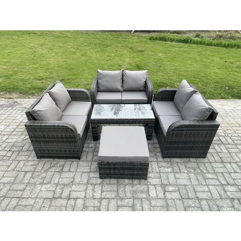 Fimous Rattan Garden Furniture Set 7 Seater Indoor Outdoor Patio Sofa Set with Coffee Table Loveseat Sofa Big Footstool Dark Grey Mixed (1/5)