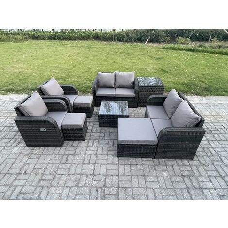 Fimous Garden Furniture Set Rattan Outdoor Lounge Sofa Chair With Tempered Glass Table 3 Footstools Side Table Dark Grey Mixed (1/5)
