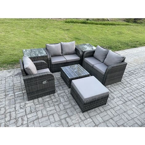 Fimous 7 Piece Garden Furniture Sets 6 Seater Outdoor Patio Furniture Set Weaving Wicker Rattan Sofa Chair and Table with 2 Side Tables Big Footstool (1/5)