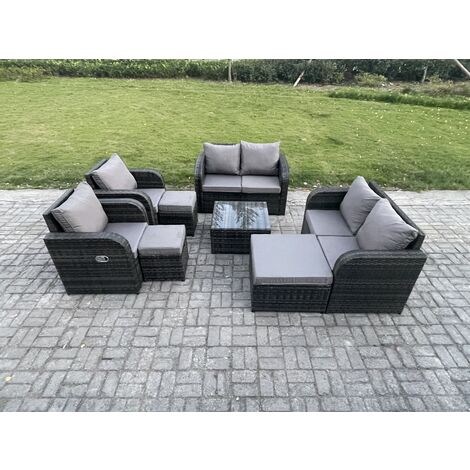 Fimous Garden Furniture Set Rattan Outdoor Lounge Sofa Chair With Tempered Glass Table 3 Footstools Dark Grey Mixed (1/5)