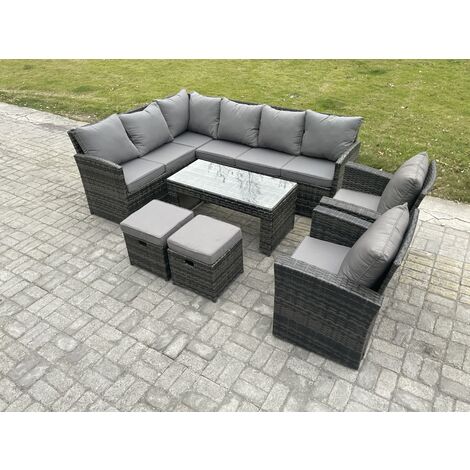 Fimous Rattan Garden Furniture Sets High Back Corner Sofa Oblong Coffee Table Set with 2 Small Footstool 2 Armchairs Dark Grey Mixed (1/5)