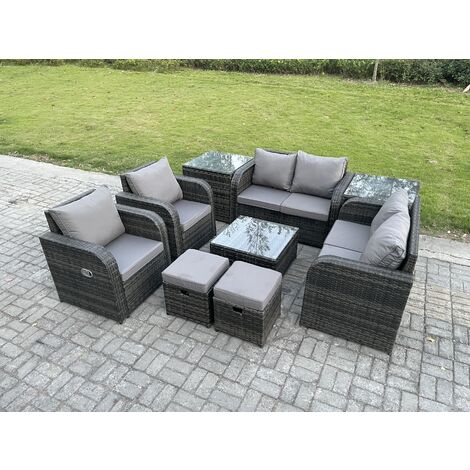 Fimous Garden Furniture Set Rattan Outdoor Lounge Sofa Chair With Tempered Glass Table 2 Small Footstools 2 Side Tables Dark Grey Mixed (1/5)