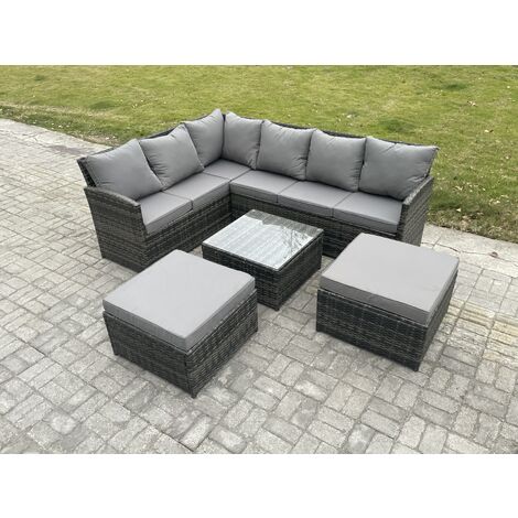 Fimous 8 Seater Outdoor Garden Furniture Set Wicker PE Rattan Corner Sofa Set with Square Coffee Table 2 Big Footstool Dark Grey Mixed (1/5)