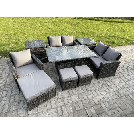 Fimous 8 Seater Outdoor Rattan Patio Furniture Set Garden Height Adjustable Rising Lifting Table Sofa Dining Set with 2 Side Tables 3 Footstools Dark Grey Mixed