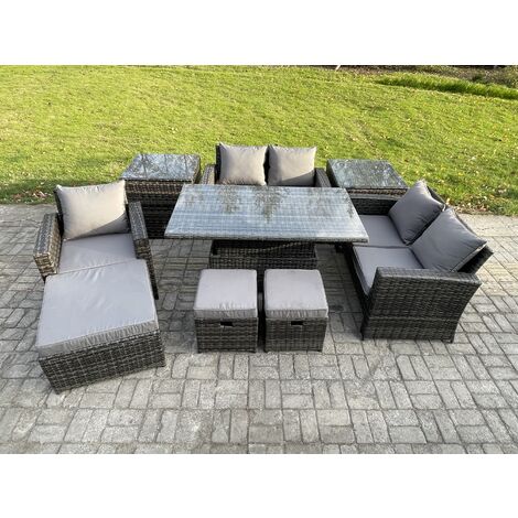 Fimous 8 Seater Outdoor Rattan Patio Furniture Set Garden Height Adjustable Rising Lifting Table Sofa Dining Set with 2 Side Tables 3 Footstools Dark Grey Mixed