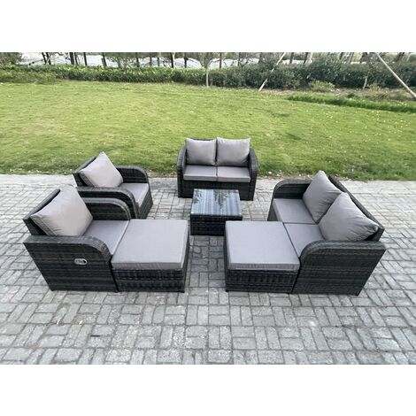 Fimous 8 Seater High Back Rattan Garden Furniture Set with Square Coffee Table 2 Big Footstool Love Sofa Reclining Chair Indoor Outdoor Patio Lounge Sofa Set Dark Grey Mixed (1/5)