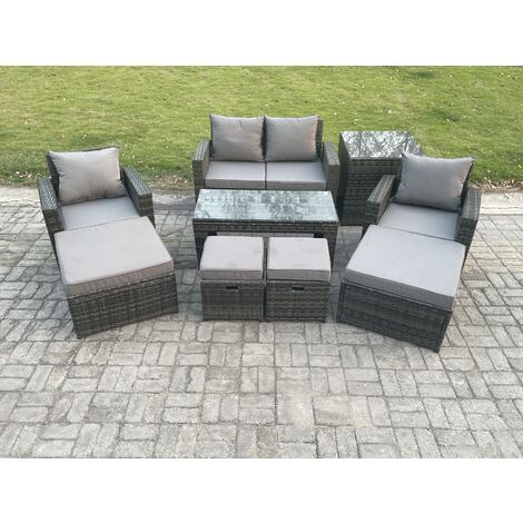 Fimous High Back Rattan Garden Furniture Sofa Sets with Rectangular Coffee Table Side Table Armchair 2 Big Footstool 2 Small Footstools Dark Grey Mixed (1/5)