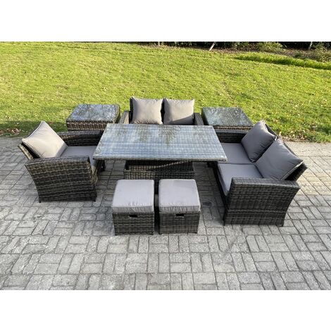 Fimous 7 Seater Outdoor Rattan Patio Furniture Set Garden Height Adjustable Rising Lifting Table Sofa Dining Set with 2 Side Tables 2 Small Footstools Dark Grey Mixed