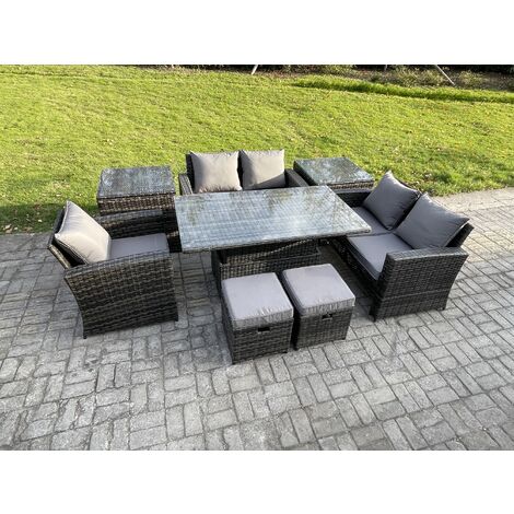 Fimous 7 Seater Outdoor Rattan Patio Furniture Set Garden Height Adjustable Rising Lifting Table Sofa Dining Set with 2 Side Tables 2 Small Footstools Dark Grey Mixed