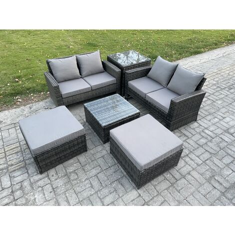 Fimous 6 Seater Rattan Outdoor Garden Furniture Sofa Set with 2 Big Footstool Side Table Dark Grey Mixed (1/5)