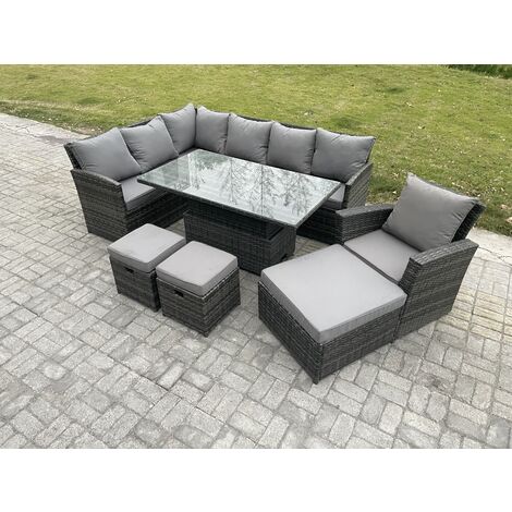 Fimous Outdoor Garden Furniture Set Wicker PE Rattan Height Adjustable Rising Lifting Table Sofa Dining Set with 3 Footstools Armchair Dark Grey Mixed