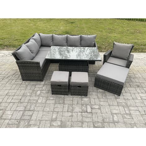Fimous Outdoor Garden Furniture Set Wicker PE Rattan Height Adjustable Rising Lifting Table Sofa Dining Set with 3 Footstools Armchair Dark Grey Mixed