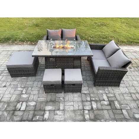 Fimous 7 Seater Rattan Garden Furniture Set Outdoor Lounge Sofa Chair Gas Fire Pit Dining Table Set With 3 Footstools Double Seat Sofa