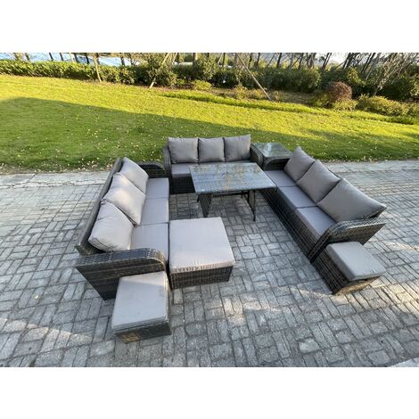 Fimous 12 Seater Wicker Rattan Garden Furniture Set with Rectangular Dining Table Side Table 3 Footstools Patio Outdoor Lounge Sofa Set (1/5)