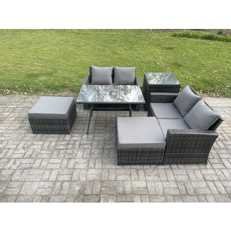 Fimous 6 Seater Garden Dining Set Wicker PE Rattan Outdoor Furniture Sofa with Rectangular Dining Table Double Seat Sofa 2 Big Footstool Side Table Dark Grey Mixed (1/5)