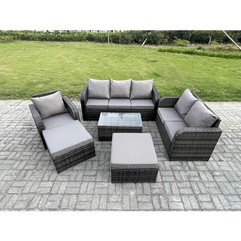 Fimous 8 Seater Garden Furniture Set Rattan Outdoor Lounge Sofa Chair With Tempered Glass Table 2 Big Footstool Dark Grey Mixed (1/5)
