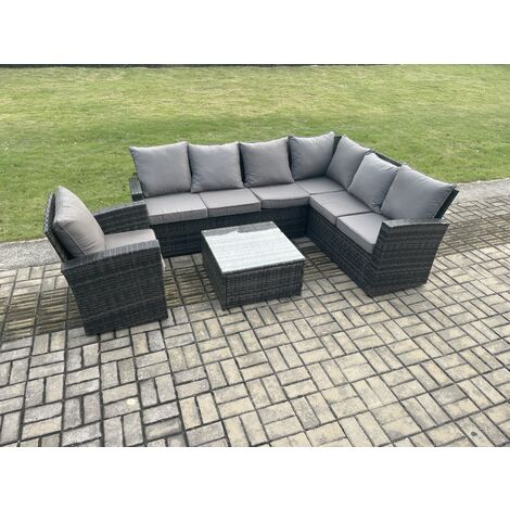 Fimous Wicker PE Outdoor Garden Furniture Set High Back Rattan Corner Sofa Set with Armchair Square Coffee Table (1/5)