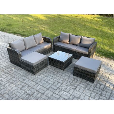 Fimous Indoor Outdoor Rattan Garden Furniture 8 Seater Set Table Sofa Chair Patio Conservatory with Grey Cushions 2 Big Footstool (1/5)