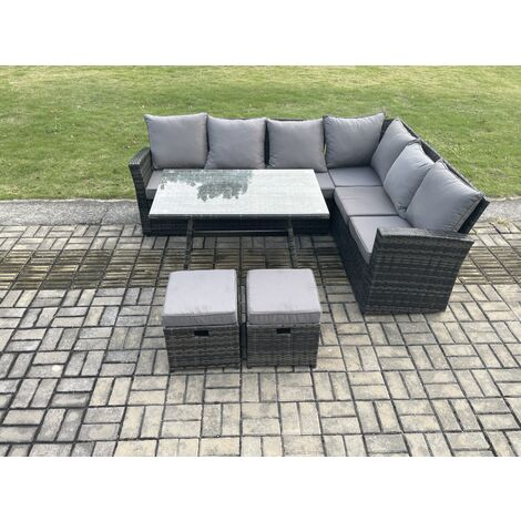 Fimous Outdoor Furniture Garden Dining Set Rattan Corner Sofa Set Rectangular Dining Table with Temper Glass 2 Small Footstools Dark Grey Mixed (1/5)