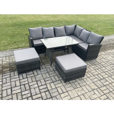 Fimous Outdoor Furniture Garden Dining Set Rattan Corner Sofa Set Rectangular Dining Table with Temper Glass 2 Big Footstool Dark Grey Mixed (1/5)