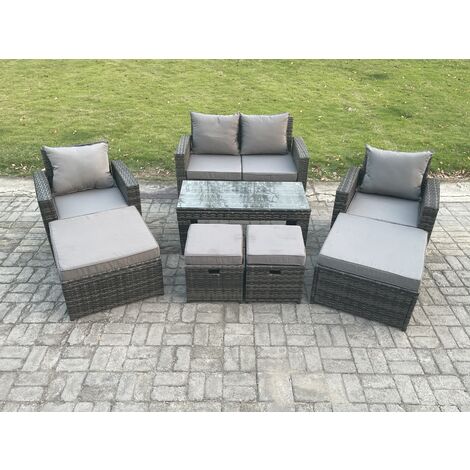 Fimous High Back Rattan Garden Furniture Sofa Sets with Rectangular Coffee Table Armchair 2 Big Footstool 2 Small Footstools Dark Grey Mixed (1/5)
