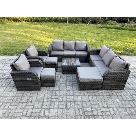 Fimous High Back Rattan Garden Furniture Set with Square Coffee Table 3 Footstools Indoor Outdoor Patio Lounge Sofa Set Dark Grey Mixed (1/5)
