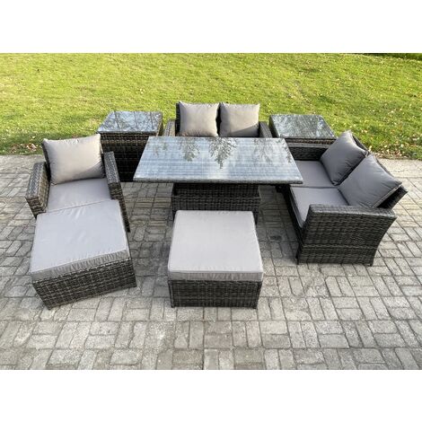 Fimous 7 Seater Outdoor Rattan Patio Furniture Set Garden Height Adjustable Rising Lifting Table Sofa Dining Set with 2 Side Tables 2 Big Footstool Dark Grey Mixed