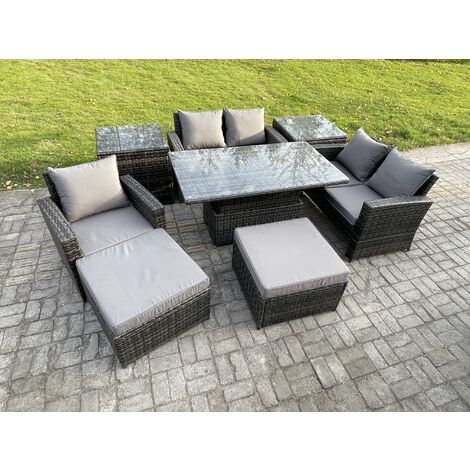 Fimous 7 Seater Outdoor Rattan Patio Furniture Set Garden Height Adjustable Rising Lifting Table Sofa Dining Set with 2 Side Tables 2 Big Footstool Dark Grey Mixed