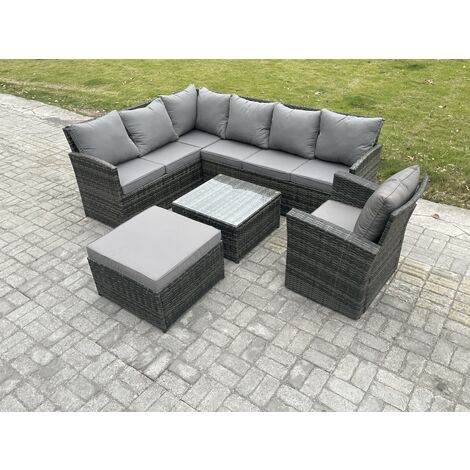 Fimous 8 Seater Outdoor Garden Furniture Set Wicker PE Rattan Corner Sofa Set with Square Coffee Table Big Footstool Armchair Dark Grey Mixed (1/5)