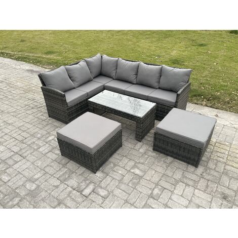 Fimous Rattan Garden Furniture Sets High Back Corner Sofa Oblong Coffee Table Set with 2 Big Footstool Dark Grey Mixed (1/5)