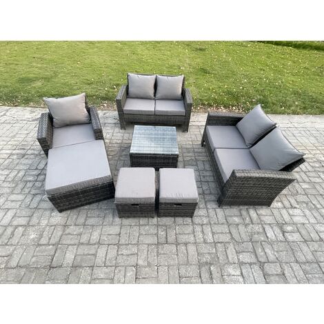 Fimous 8 Seater Outdoor Rattan Garden Furniture Set Conservatory Patio Sofa Coffee Table Set with Chair 3 Footstools Dark Grey Mixed (1/5)