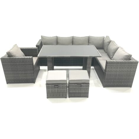 Fimous 8 Seater Outdoor Lounge Rattan Corner Sofa Set Garden Furniture Rectangular Dining Table Chair