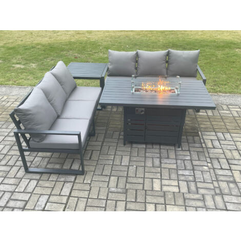 Fimous Aluminium 6 Seater Outdoor Garden Furniture Lounge Sofa Set Gas Fire Pit Dining Table with Side Table Dark Grey (1/5)