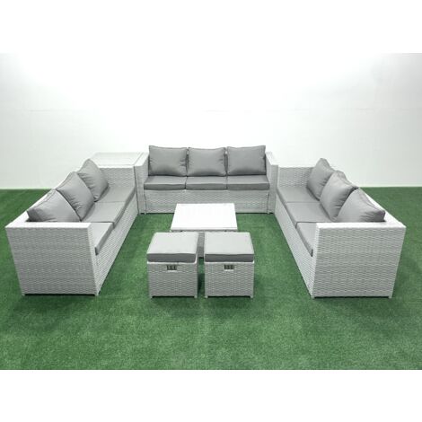 Fimous Rattan Garden Outdoor Furniture Set 11 Seater Rattan Garden Sofa Set with 2 Small Footstool Side Table Light Grey Mixed (1/5)