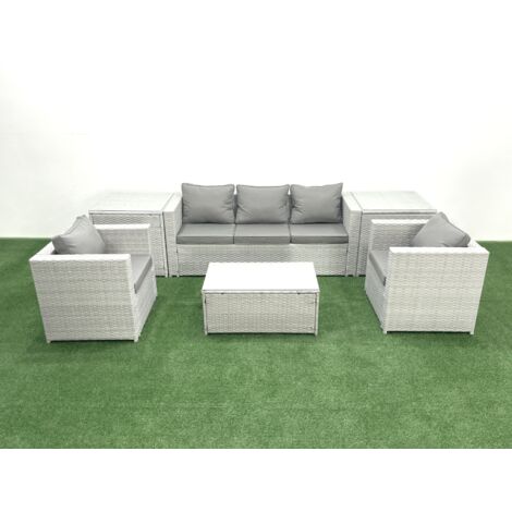 Fimous Rattan Garden Furniture Set with 3 Seater Sofa 2 Chair Rectangular Coffee Table 2 Side Tables Light Grey Mixed 5 Seater (1/5)